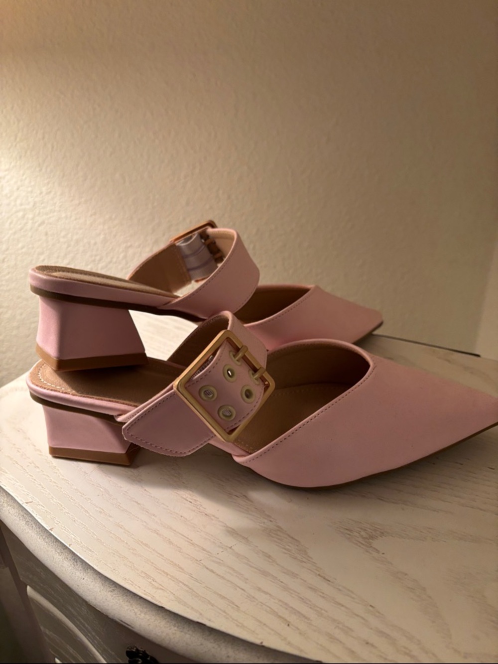 Pink Pointed Toe Block Heel Mules - Picture 2 of 8
